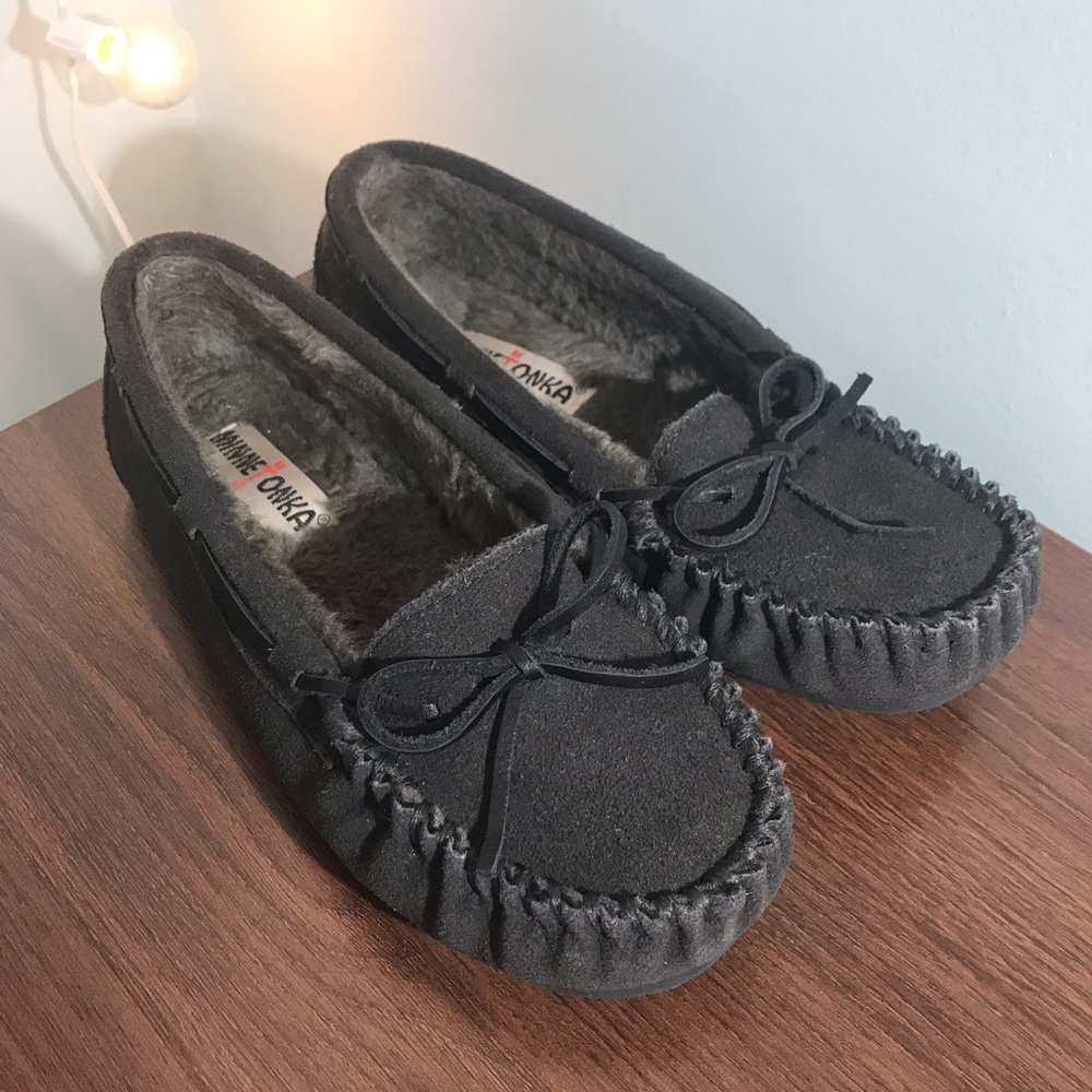 Minnetonka Grey Moccasin Slippers